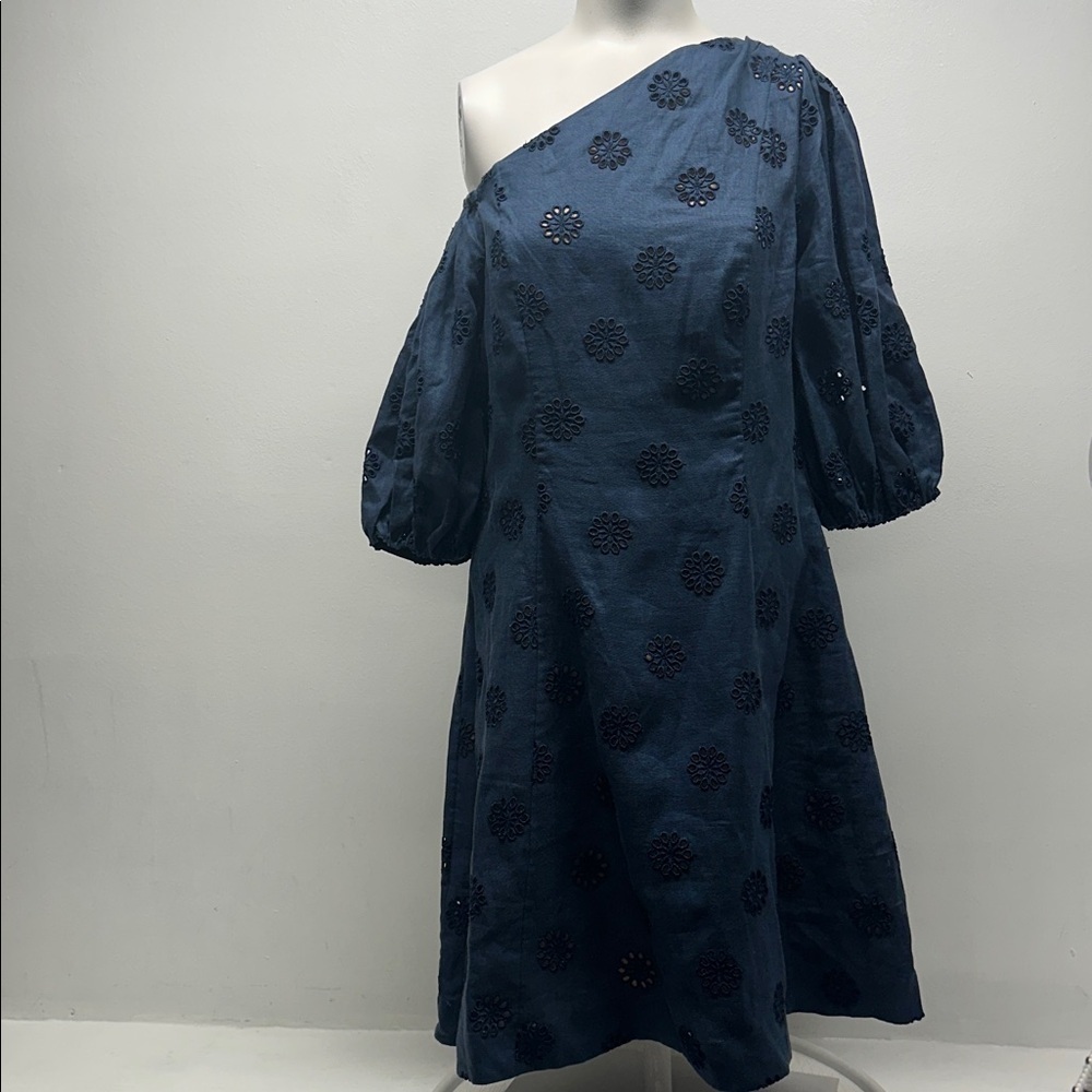 Figue Darcy Dress Linen Eyelet Floral Off The Shoulder Mini Navy Blue Size 8 - Picture 2 of 11